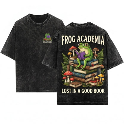 Frog Reading On A Log Embroidered Mushroom Cute Amphibian Nature Lover Gift Unisex Wash T-Shirt