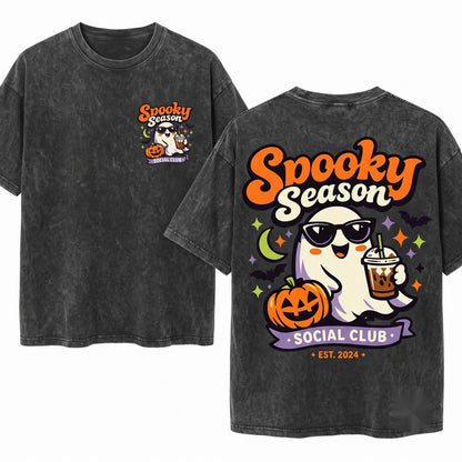 Spooky Season Funny Ghost Iced Coffee Cold Brew Halloween Graphic Apparel Unisex Wash T-Shirt