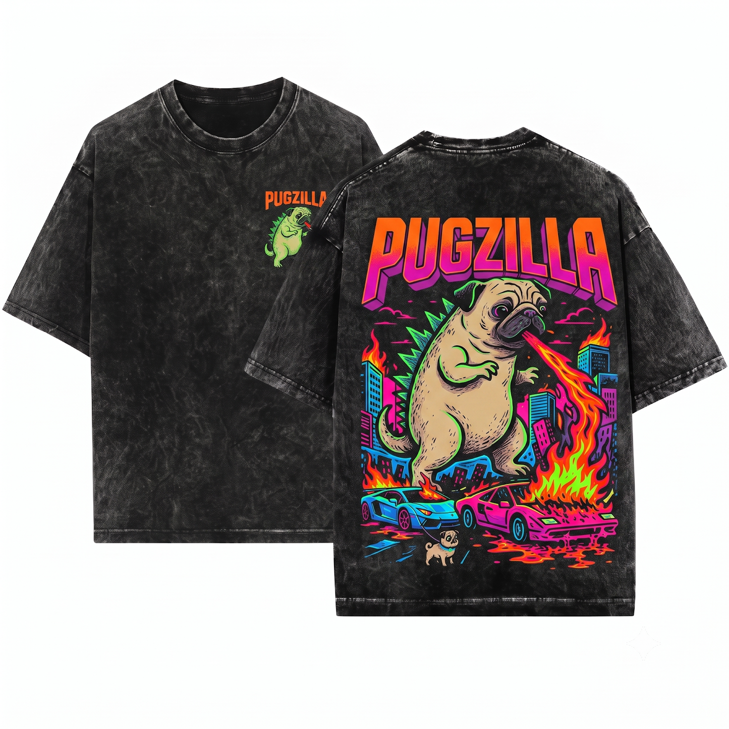 Retro Pugzilla Fire Breathing Monster Shirt Funny Vintage Comic Dog Mom Dad Gift Unisex Heavyweight Garment-Dyed T-Shirt