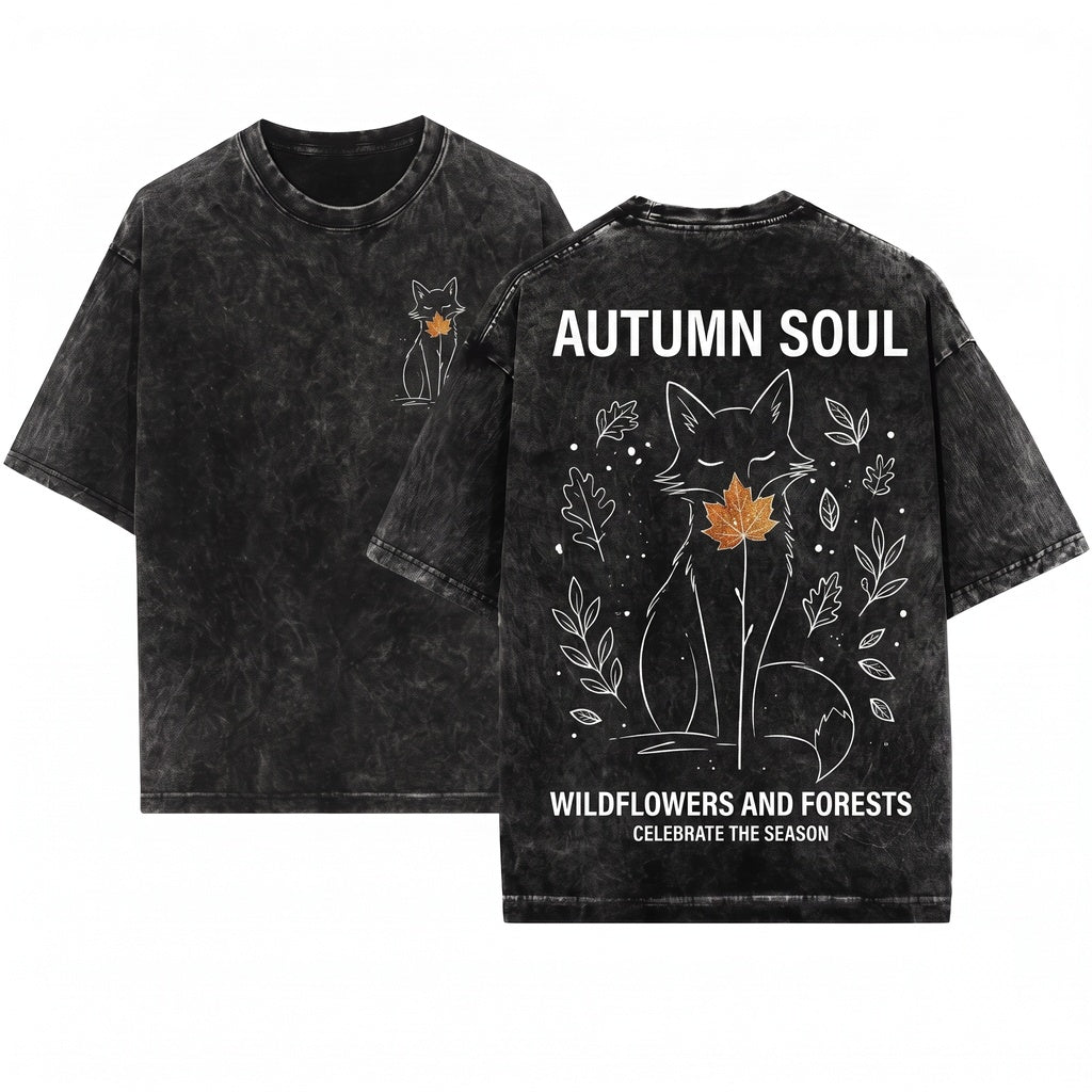 Y2K Autumn Fox Maple Leaf Graphic Woodland Animal Minimal Nature Lover Gift Apparel Unisex Wash T-Shirt