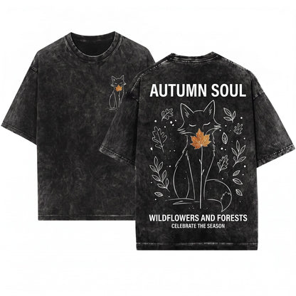 Y2K Autumn Fox Maple Leaf Graphic Woodland Animal Minimal Nature Lover Gift Apparel Unisex Wash T-Shirt