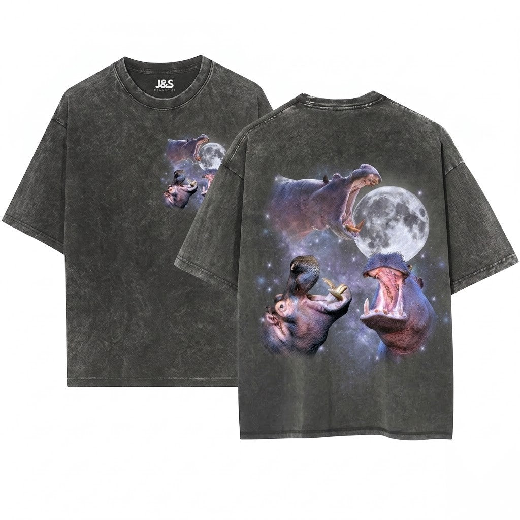 Three Hippo Retro Moon Graphic Funny Vintage Oversized Silly Gift Unisex Wash T-Shirt