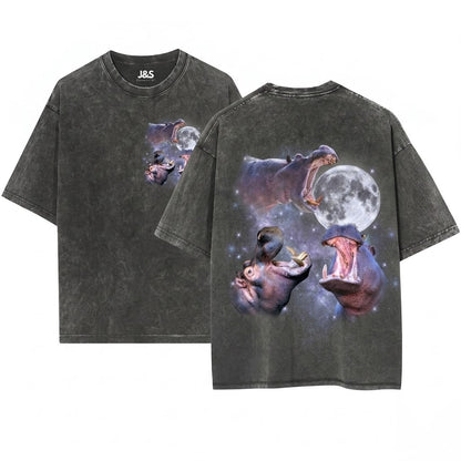 Three Hippo Retro Moon Graphic Funny Vintage Oversized Silly Gift Unisex Wash T-Shirt