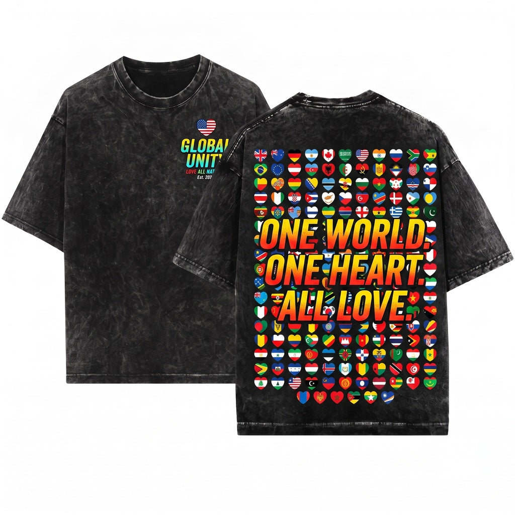 Heart Flags All Countries World International Unity Peace Cultural Pride Global Travel Gift Graphic Unisex Wash T-Shirt