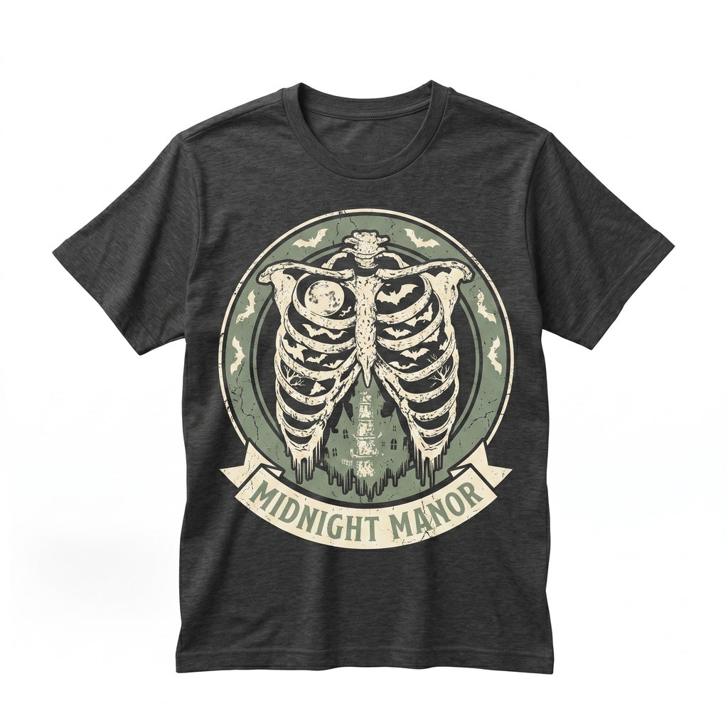 Halloween Skeleton Ribcage Graphic Haunted House Bats Dark Gothic Aesthetic Spooky Gift Unisex TShirt