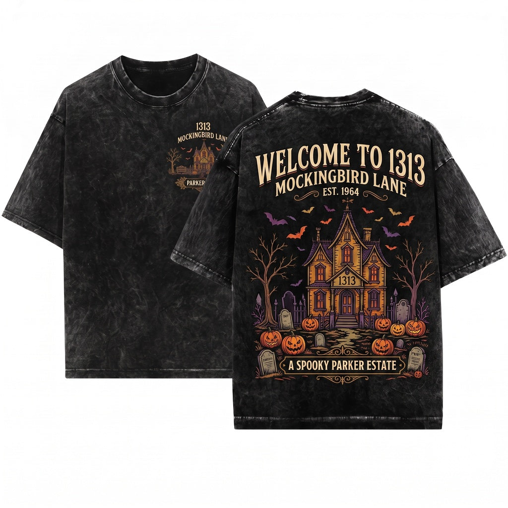 Custom Personalized Embroidered Haunted House Gothic Family Name Number Halloween Spooky Gift Crewneck Sweatshirt Unisex Wash