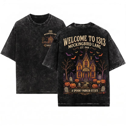 Custom Personalized Embroidered Haunted House Gothic Family Name Number Halloween Spooky Gift Crewneck Sweatshirt Unisex Wash