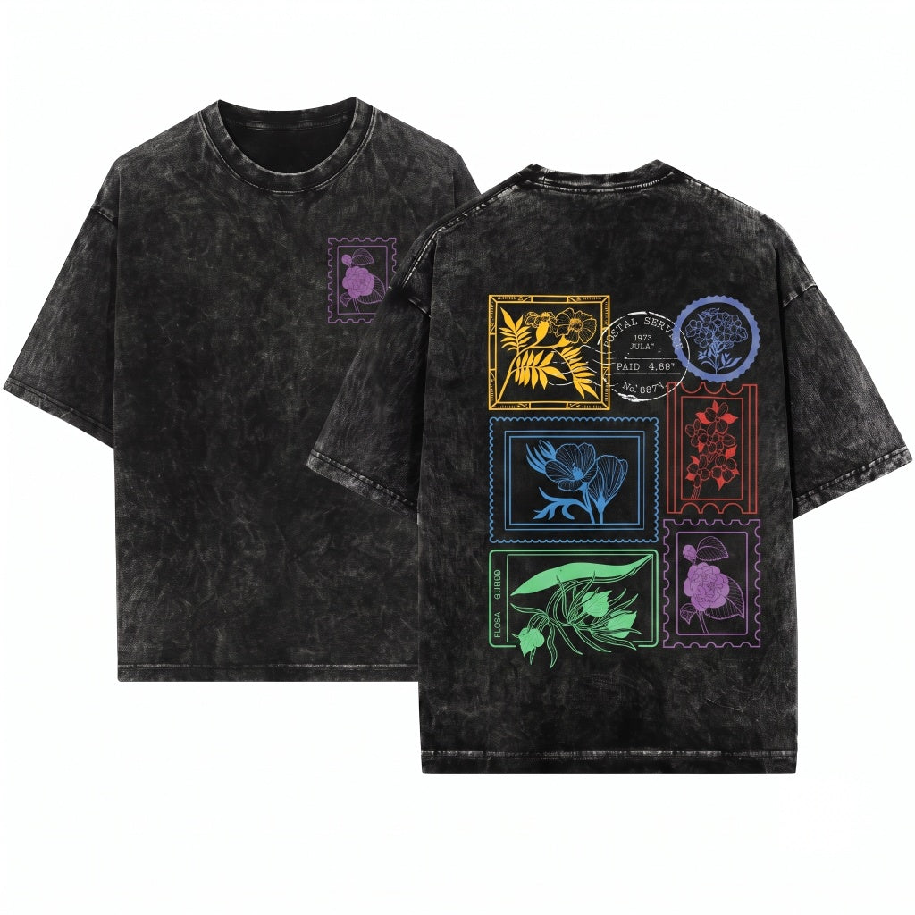 Floral Postal Stamp Wildflower Graphic Unisex Wash T-Shirt