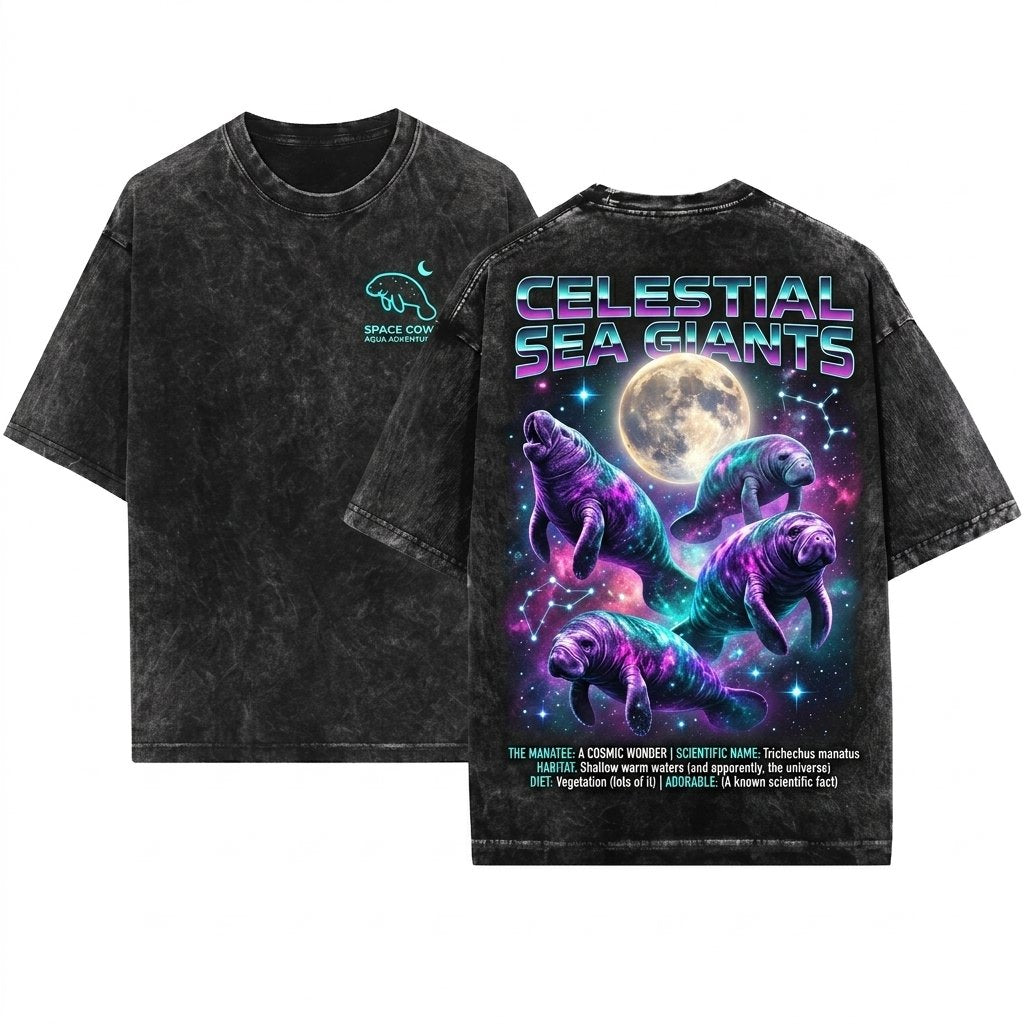 Space Manatees Vintage Howling Moon Graphic Save Florida Sea Cow 90s Retro Unisex Wash T-Shirt