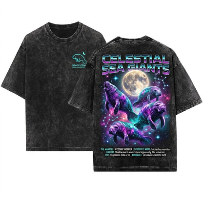 Space Manatees Vintage Howling Moon Graphic Save Florida Sea Cow 90s Retro Unisex Wash T-Shirt