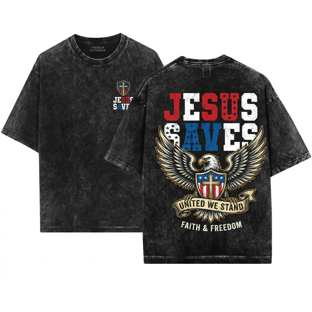 Jesus Saves Christian Patriotic USA Faith Based Graphic Fourth of July Religious Unisex Wash T-Shirt