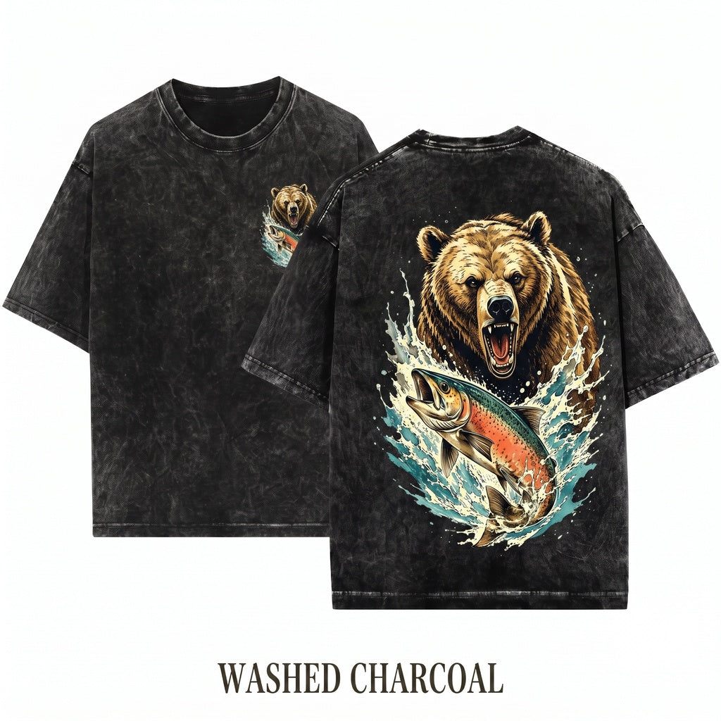 Retro Grizzly Bear Salmon Fishing Wildlife Rugged River Wilderness Outdoorsman Gift Unisex Wash T-Shirt