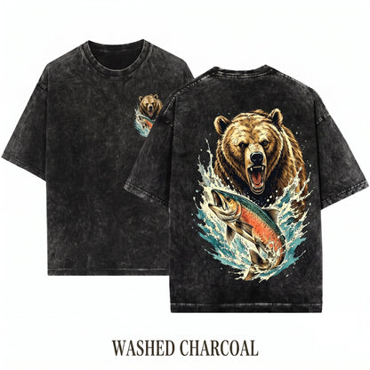 Retro Grizzly Bear Salmon Fishing Wildlife Rugged River Wilderness Outdoorsman Gift Unisex Wash T-Shirt