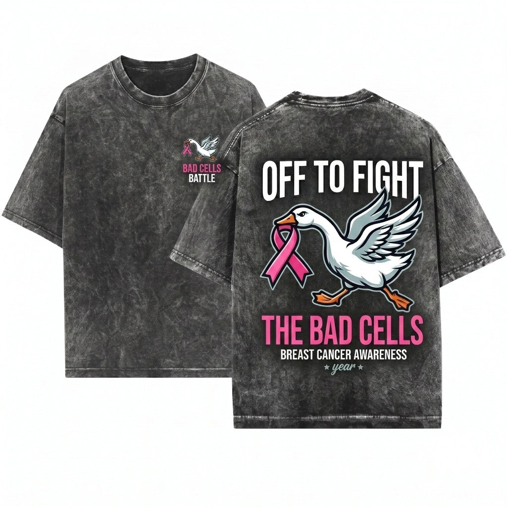 Goose Holding Pink Ribbon Breast Cancer Awareness Off To Fight Cells Survivor Support Gift Unisex Wash T-Shirt