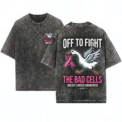 Goose Holding Pink Ribbon Breast Cancer Awareness Off To Fight Cells Survivor Support Gift Unisex Wash T-Shirt