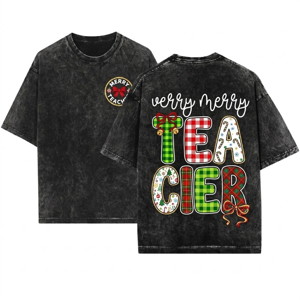 Merry Christmas Teacher PNG Preppy Leopard Plaid Holiday Life Educator Graphic Gift Unisex Wash T-Shirt