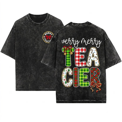 Merry Christmas Teacher PNG Preppy Leopard Plaid Holiday Life Educator Graphic Gift Unisex Wash T-Shirt