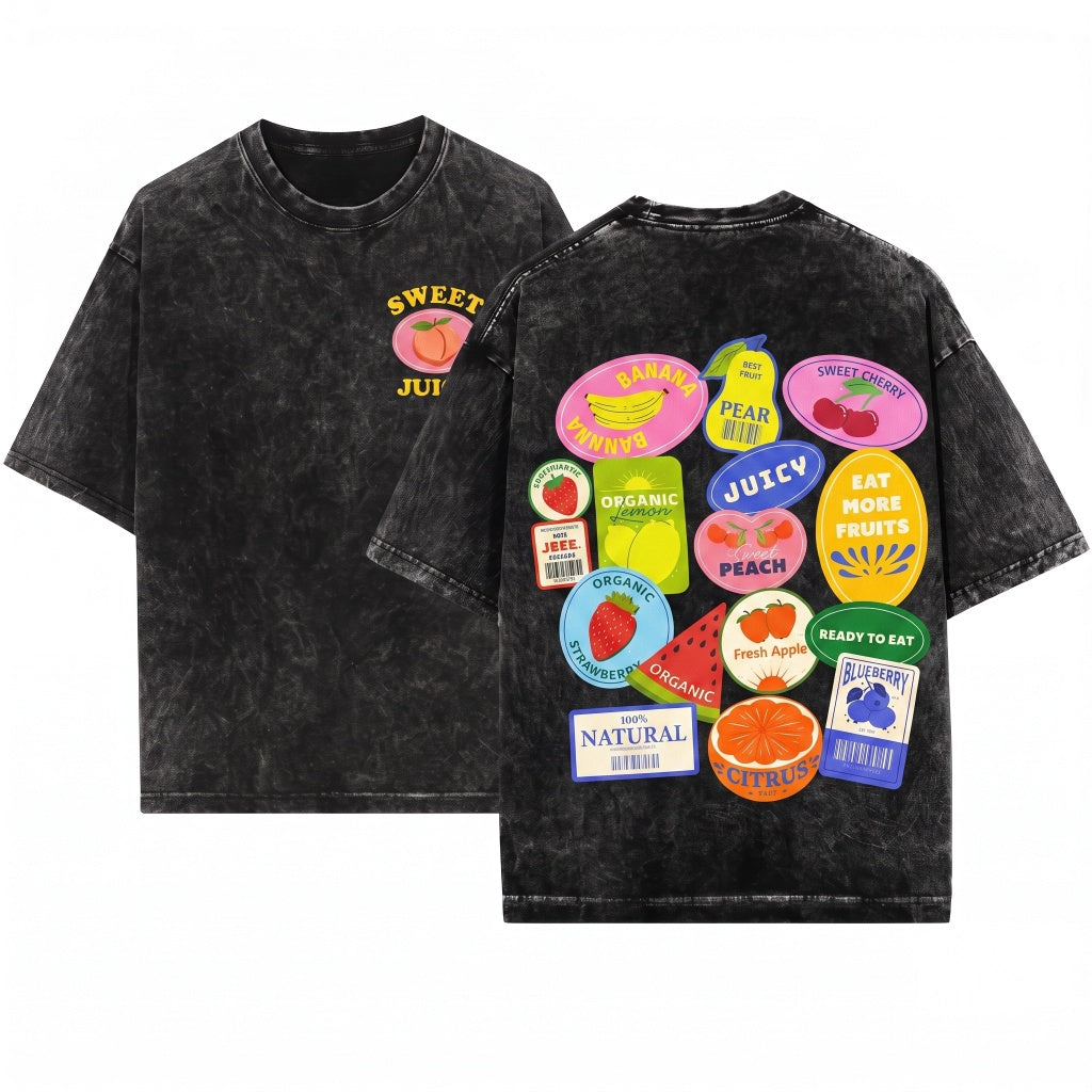 Vintage Fruit Stickers Graphic Preppy Summer Aesthetic Unisex Wash T-Shirt