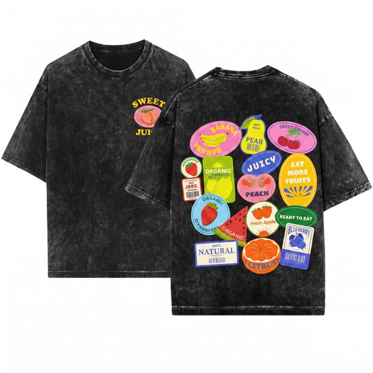Vintage Fruit Stickers Graphic Preppy Summer Aesthetic Unisex Wash T-Shirt