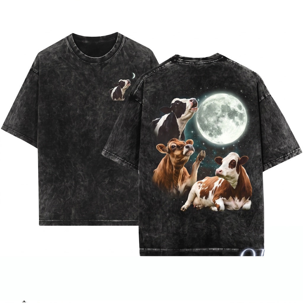 Vintage 90s Cow Howling at Moon Graphic Retro Farm Country Western Gift Unisex Wash T-Shirt
