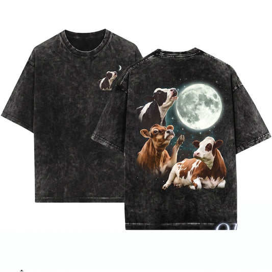 Vintage 90s Cow Howling at Moon Graphic Retro Farm Country Western Gift Unisex Wash T-Shirt
