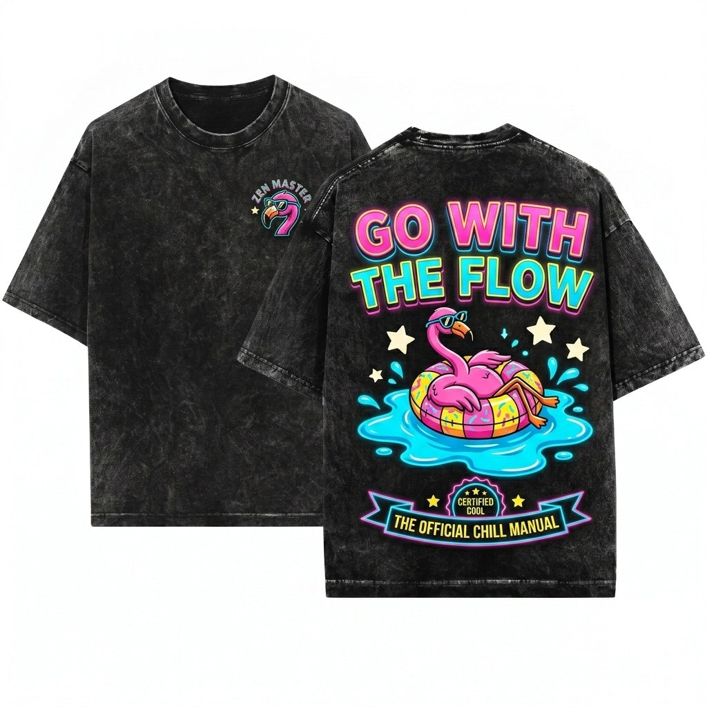 Go With The Flow Flamingo Funny Graphic Tropical Beach Summer Vacation Lake Gift Apparel Unisex Wash T-Shirt