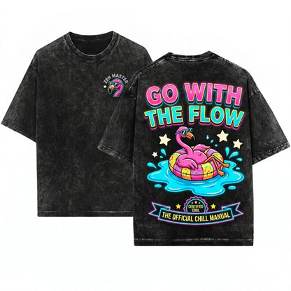 Go With The Flow Flamingo Funny Graphic Tropical Beach Summer Vacation Lake Gift Apparel Unisex Wash T-Shirt