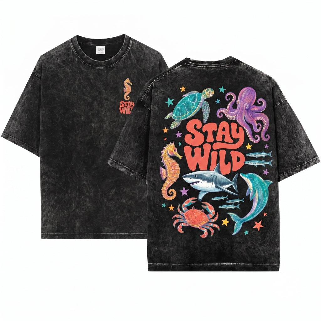 Retro Stay Wild Ocean Animals Colorful Marine Life Groovy Coastal Nature Sea Lover Gift Unisex Wash T-Shirt