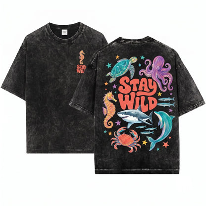 Retro Stay Wild Ocean Animals Colorful Marine Life Groovy Coastal Nature Sea Lover Gift Unisex Wash T-Shirt
