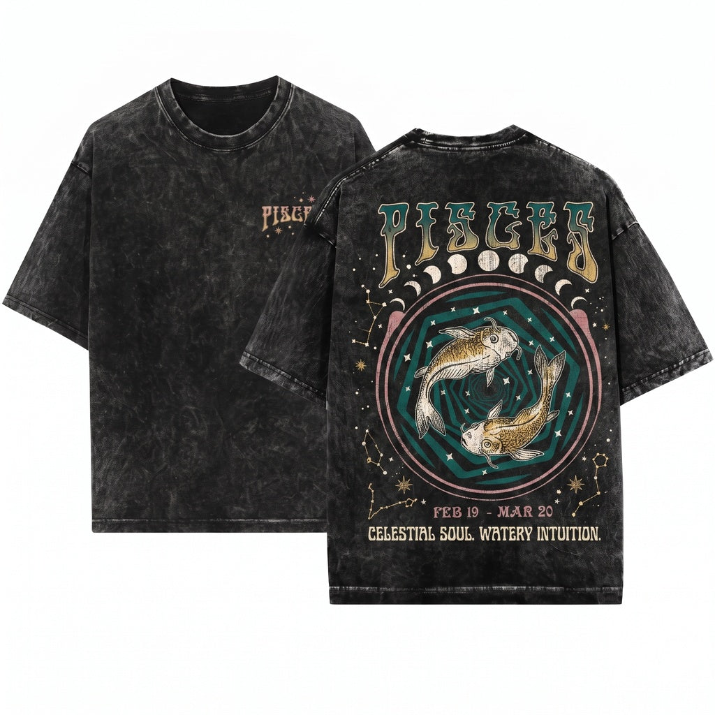 Retro Pisces Zodiac Astrology Graphic Unisex Wash T-Shirt