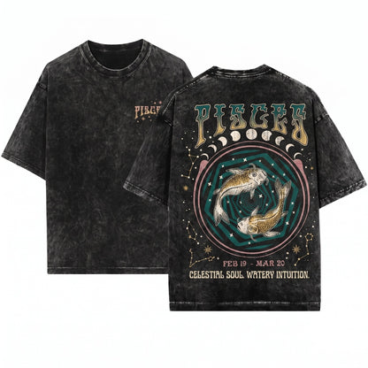 Retro Pisces Zodiac Astrology Graphic Unisex Wash T-Shirt