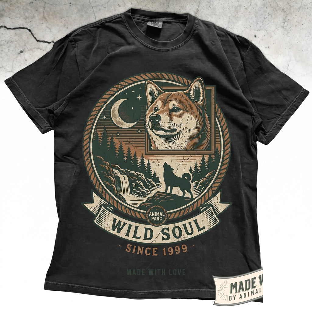 Shiba Inu Howling to The Full Moon Vintage 90s Retro Dog Graphic Meme Animals Silly Gift Apparel Unisex TShirt