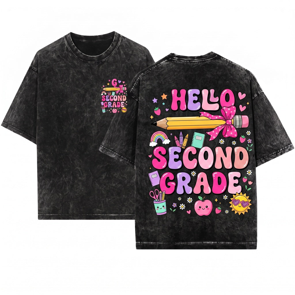 Hello Second Grade Girls First Day of School Cute Coquette Ribbon Bow Unisex Wash T-Shirt