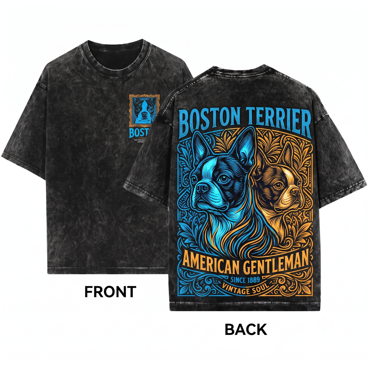 Retro Boston Terrier Ink Engraving Shirt Funny Vintage Dog Face Mom Dad Gift Unisex Heavyweight Garment-Dyed T-Shirt