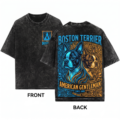 Retro Boston Terrier Ink Engraving Shirt Funny Vintage Dog Face Mom Dad Gift Unisex Heavyweight Garment-Dyed T-Shirt