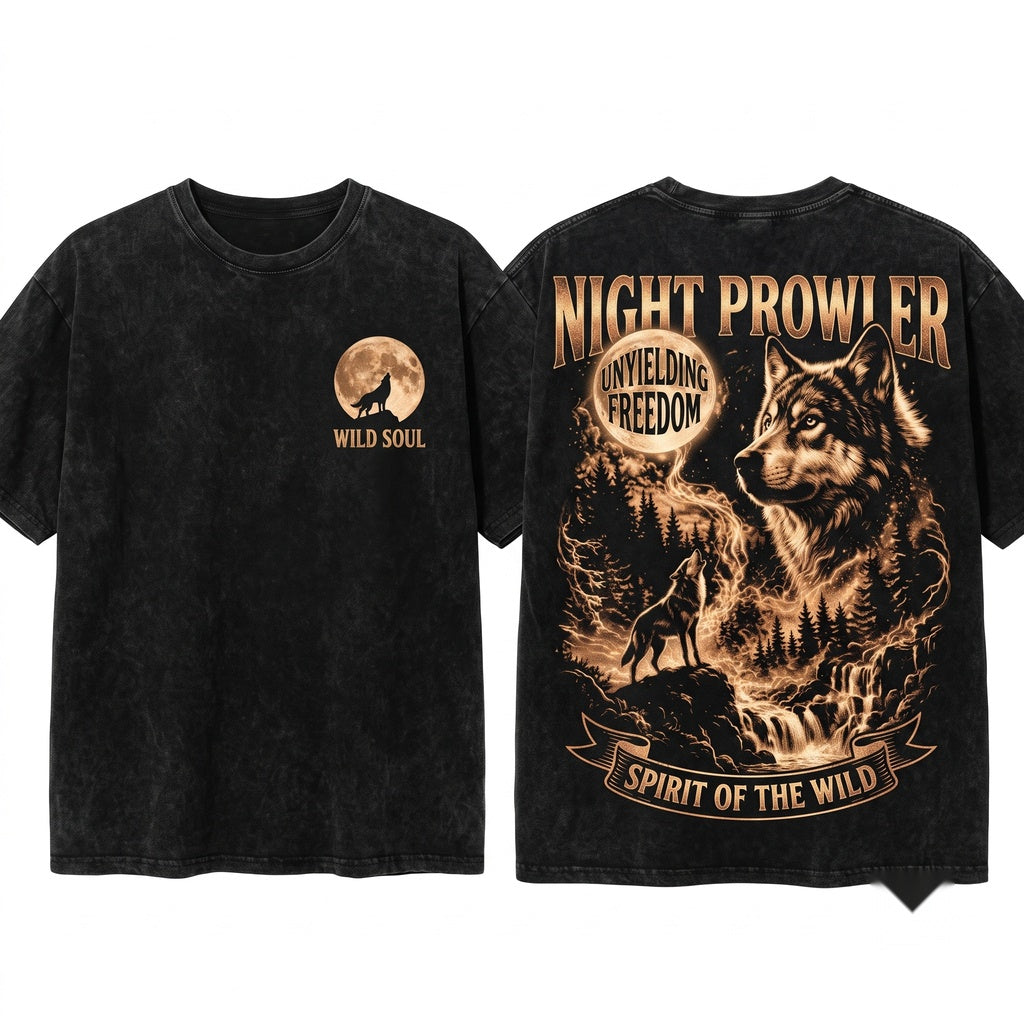 Vintage Mystic Wolf Moon Graphic Dark Fantasy Forest Night Wildlife Nature Animal Gift Unisex Wash T-Shirt