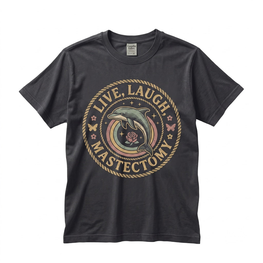 Live Laugh Mastectomy Funny Medical Humor Surreal Dolphin Art Breast Cancer Awareness Gift Cosmic Surgery Unisex TShirt