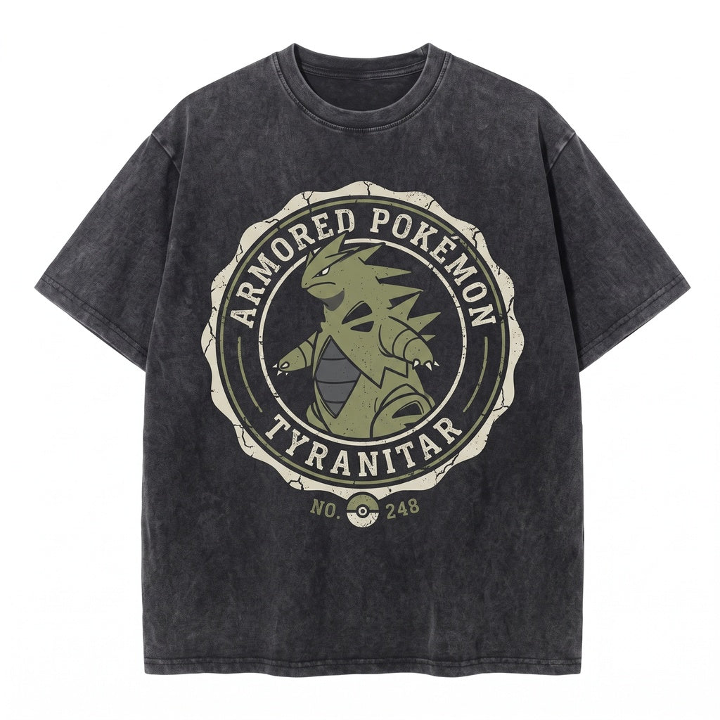 Vintage Tyranitar Washed Larvitar Evolution Graphic 2-Sided Anime Oversized Retro Gamer Streetwear Unisex TShirt