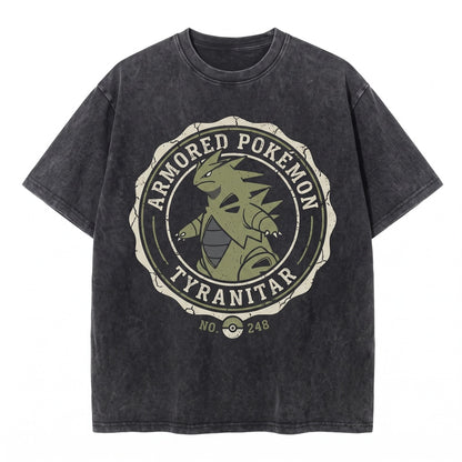 Vintage Tyranitar Washed Larvitar Evolution Graphic 2-Sided Anime Oversized Retro Gamer Streetwear Unisex TShirt