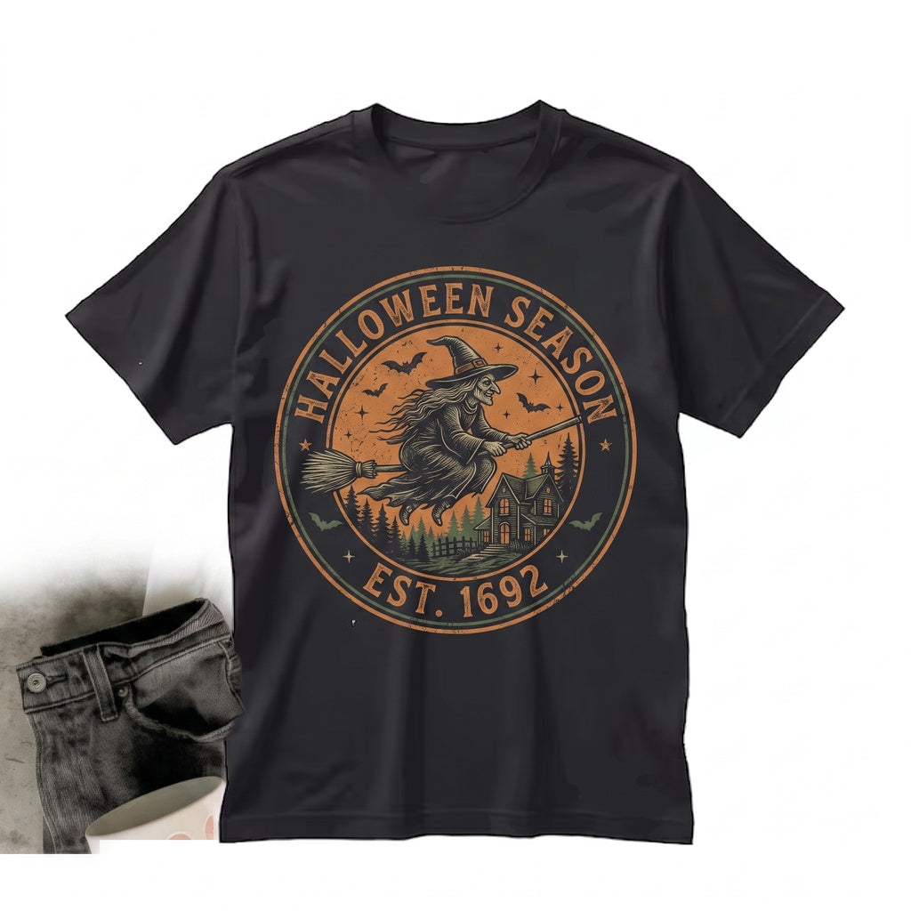 Tis The Season Halloween Flying Witch Broom Haunted House Aesthetic Autumn Fall Holiday Gift Apparel, Unisex TShirt