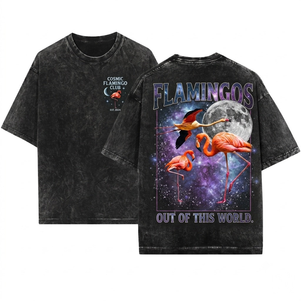 Three Flamingo Retro Vintage Moon Graphic Funny Oversized Meme Bird Unisex Wash T-Shirt