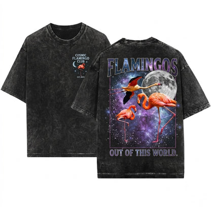 Three Flamingo Retro Vintage Moon Graphic Funny Oversized Meme Bird Unisex Wash T-Shirt