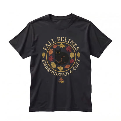 Black Cat Fall Leaves Embroidered Cozy Autumn Feline Lover Gift Unisex TShirt