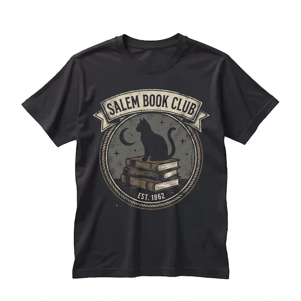 Vintage Salem Book Club Halloween Graphic Spooky Black Cat Witch Apparel Unisex TShirt