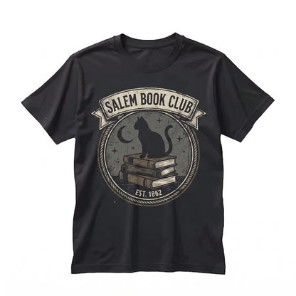 Vintage Salem Book Club Halloween Graphic Spooky Black Cat Witch Apparel Unisex TShirt