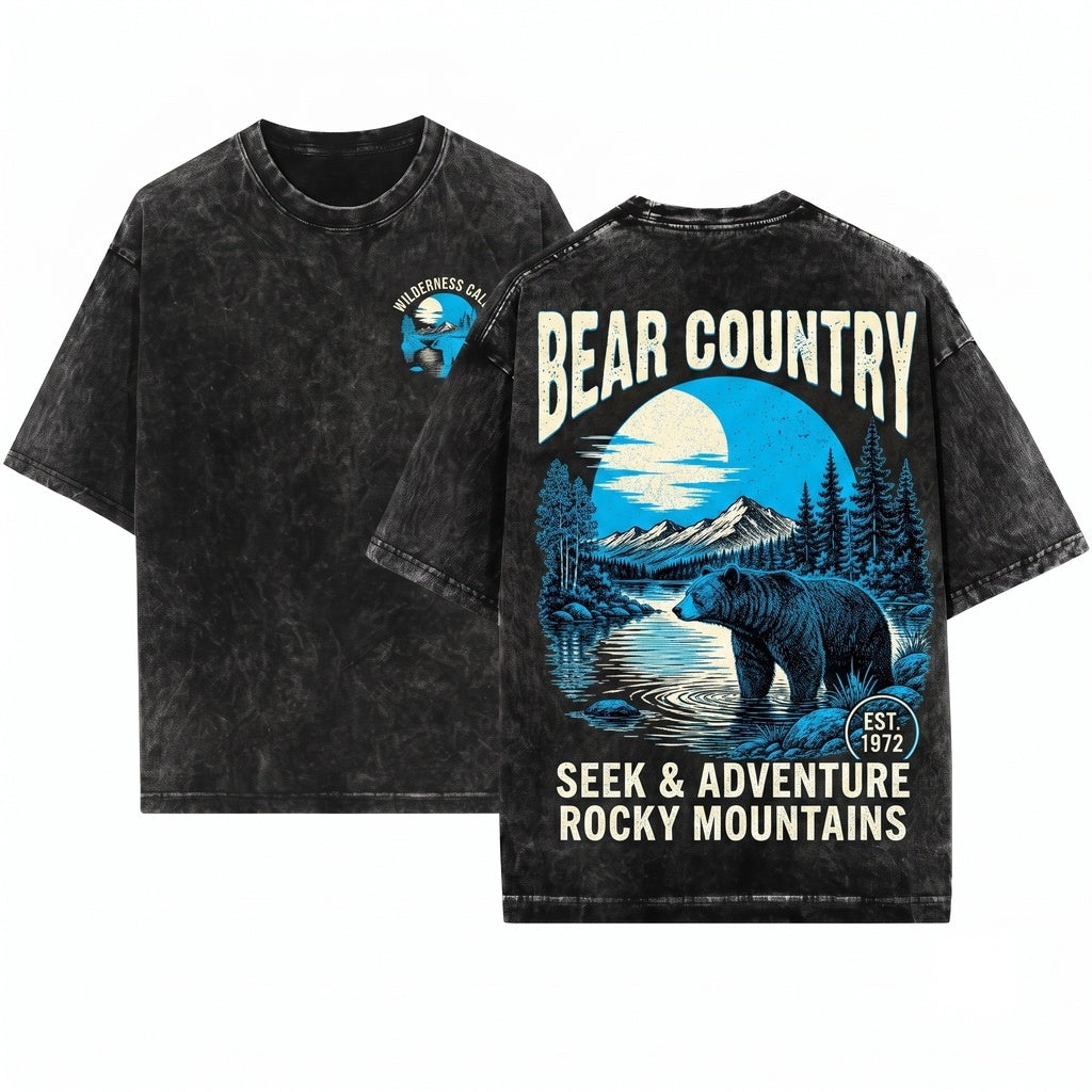 Rustic Bear Sunset Woodland Forest Mountain Lake Nature Lover Wilderness Graphic Apparel Unisex Wash T-Shirt