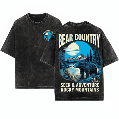 Rustic Bear Sunset Woodland Forest Mountain Lake Nature Lover Wilderness Graphic Apparel Unisex Wash T-Shirt
