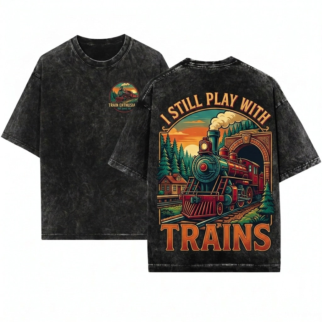 Vintage Steam Train Locomotive Railroad Fan Soft Cotton Graphic Unisex Wash T-Shirt