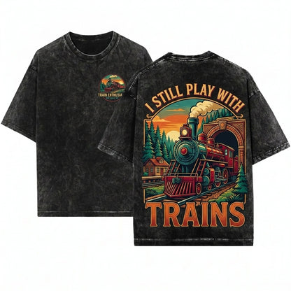 Vintage Steam Train Locomotive Railroad Fan Soft Cotton Graphic Unisex Wash T-Shirt