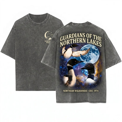 Three Common Loon Vintage Water Bird Galaxy Retro Cosmic Space Animal Birder Gift Graphic Unisex Wash T-Shirt